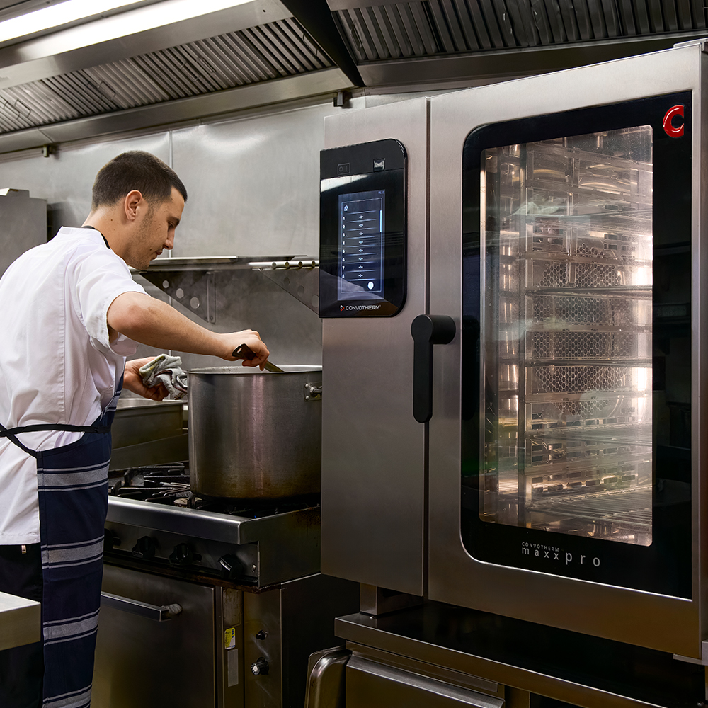 waldorf range and convotherm combi oven in a commercial kitchen
